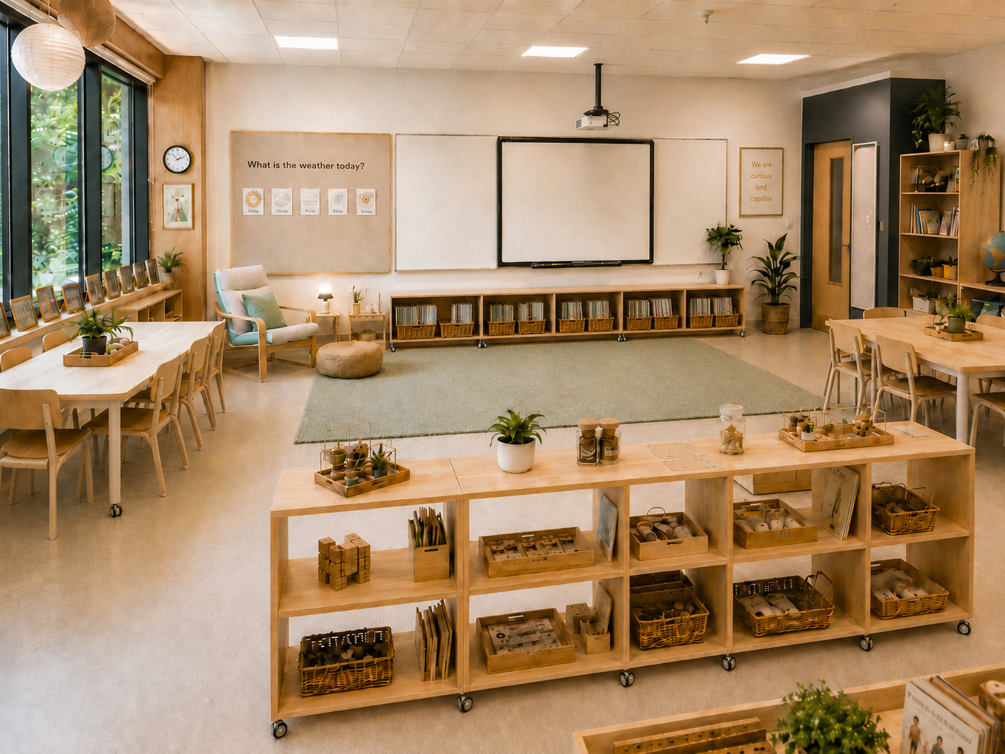 The same classroom redesigned, with furniture on wheels